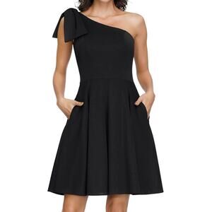 Jasambac One Shoulder LBD Dress with Slip Pockets Black Swing Sexy Small Stretch
